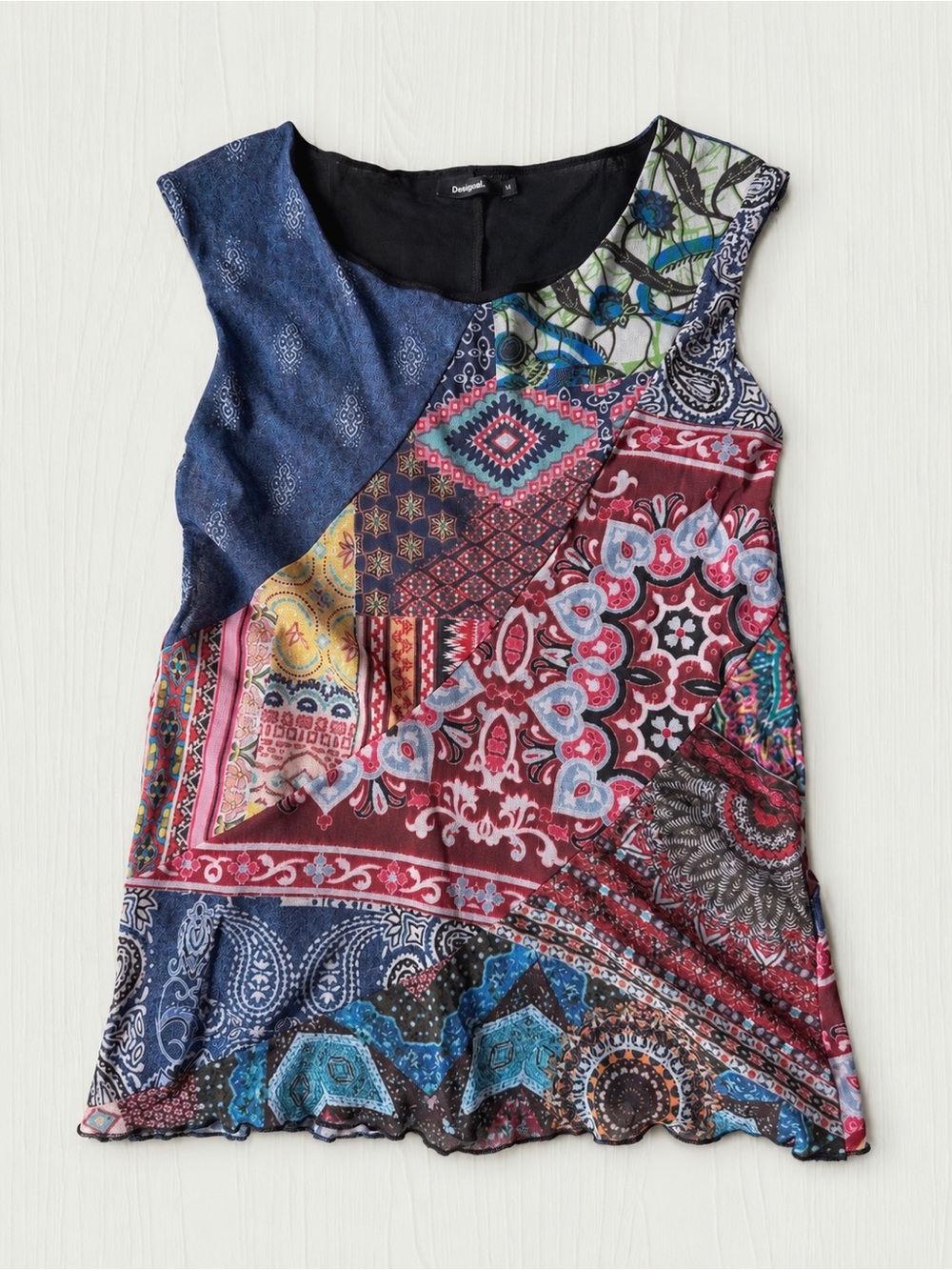 Y2K 90s Desigual Woman Patchwork Mesh Sleeveless Top MEDIUM Folk Rustic Eclectic